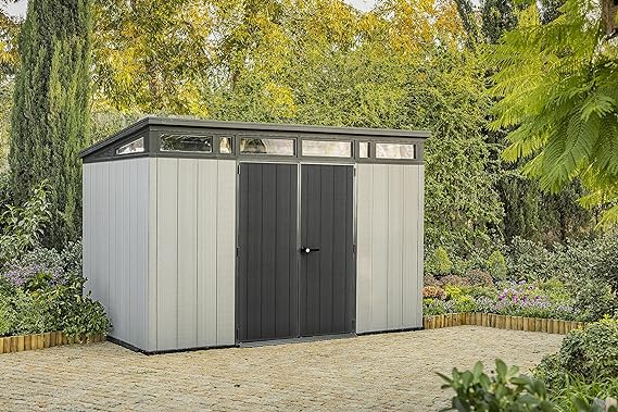 Keter Artisan Outdoor Pent Double Door Garden Storage Shed 11 x 7ft Grey Duotech+ Wood Look and Feel Fade Free All Weather Resistant Safe and Secure Zero Maintenance