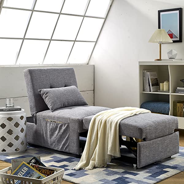 4-in-1 Sleeper Sofa Bed, HABITRIO Solid Wood Frame Polyester Upholstered Seating Couch w/A Pillow, Work As Ottoman, Single Chair, Sofabed and Chaise Lounge, Fit for Living Room, Bedroom (Grey)