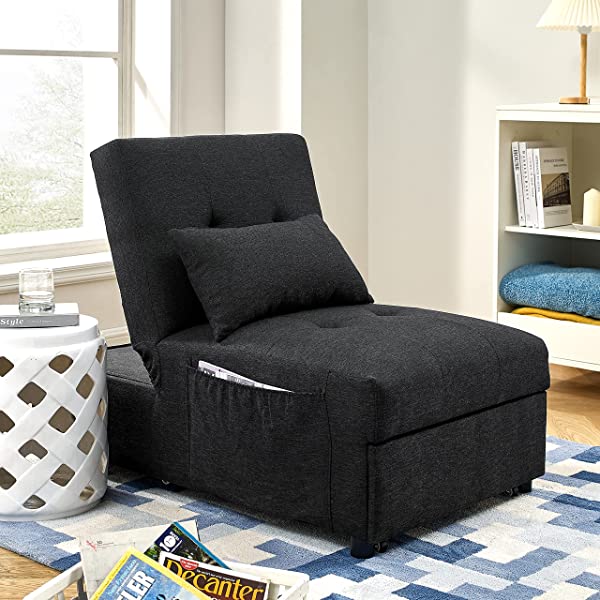 4-in-1 Sleeper Sofa Bed, HABITRIO Solid Wood Frame Polyester Upholstered Seating Couch w/A Pillow, Work As Ottoman, Single Chair, Sofabed and Chaise Lounge, Fit for Living Room, Bedroom (Grey)