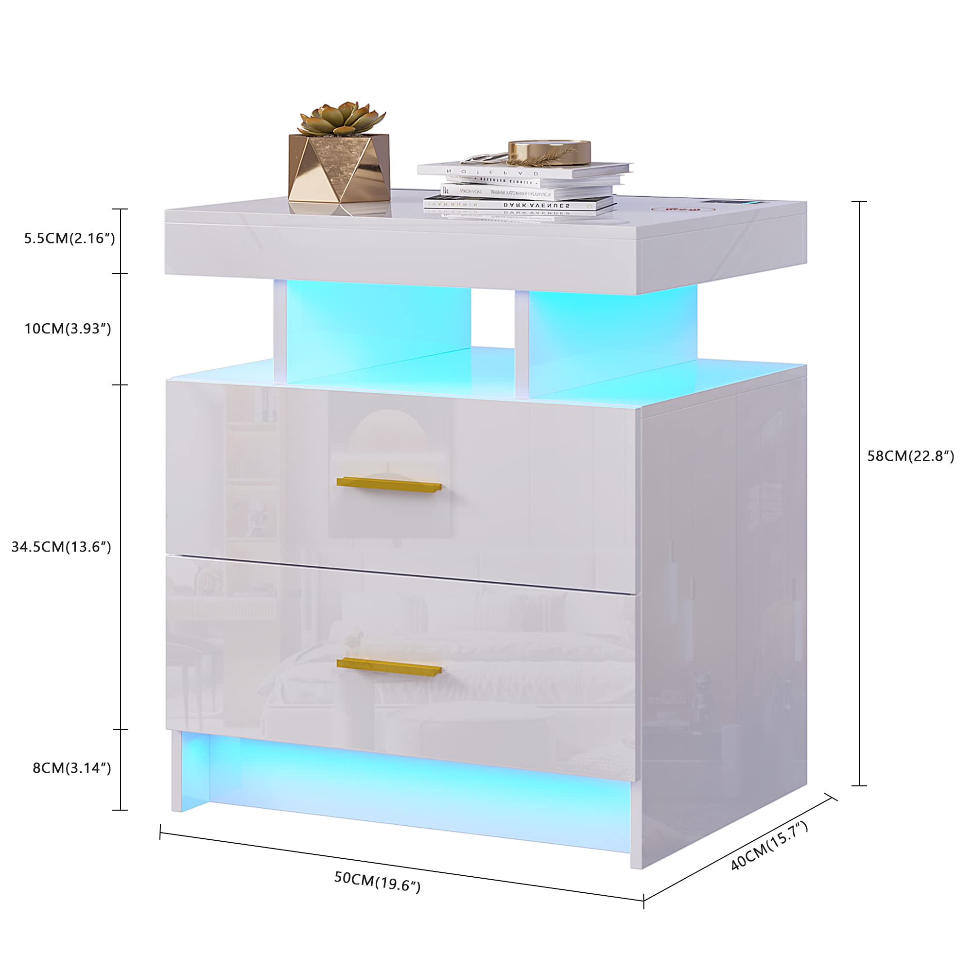【Furniture】LED White Nightstand with 3 Colors Adjustable 2 USB Ports and Wireless Charging Station, High Gloss Nightstand with 2 Drawers