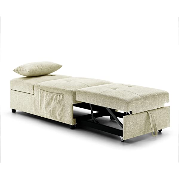 4-in-1 Sleeper Sofa Bed, HABITRIO Solid Wood Frame Polyester Upholstered Seating Couch w/A Pillow, Work As Ottoman, Single Chair, Sofabed and Chaise Lounge, Fit for Living Room, Bedroom (Grey)