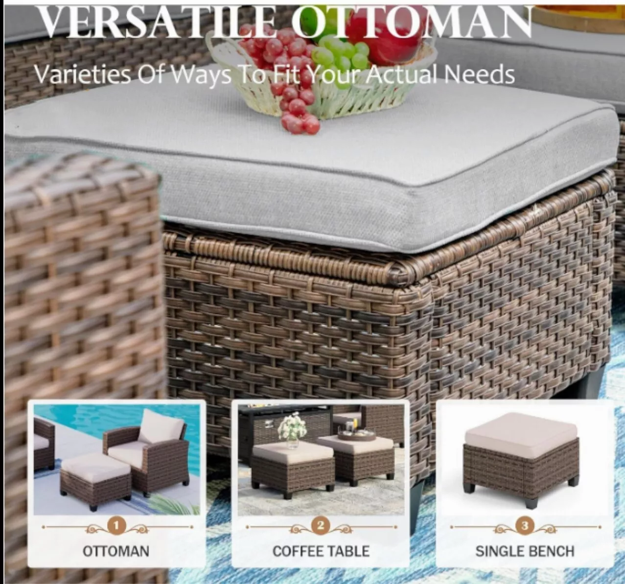 Seven Pieces Rattan Patio Furniture Set, Nine Seats Outdoor Wicker Sectional Con