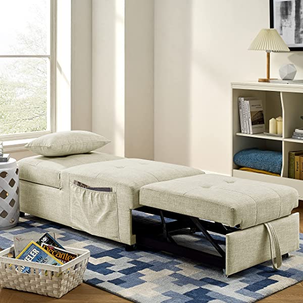 4-in-1 Sleeper Sofa Bed, HABITRIO Solid Wood Frame Polyester Upholstered Seating Couch w/A Pillow, Work As Ottoman, Single Chair, Sofabed and Chaise Lounge, Fit for Living Room, Bedroom (Grey)