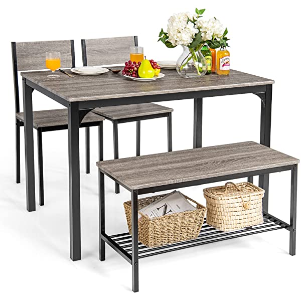 Giantex Dining Table Set for 4, Kitchen Table with Bench and Chairs, Industrial Gathering Bench Dining Set W/Metal Frame & Storage Rack, Dinette Set, Modern Functional Desk Set (Black Oak)