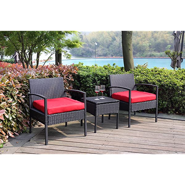 PROHIKER 3 PCS Patio Rattan Conversation Chair Set, 3 PCS Patio Wicker Rattan Furniture Set, Patio Wicker Rattan Table Brown