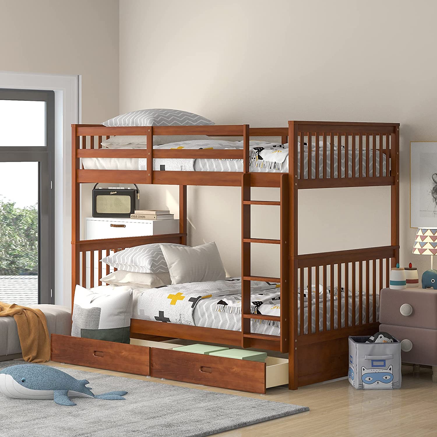 【Furniture】Solid Wood Bunk Bed Frames No Box Spring Needed with Saftey Guard Rails & Storage Drawers