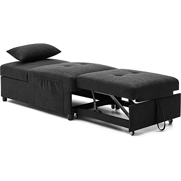 4-in-1 Sleeper Sofa Bed, HABITRIO Solid Wood Frame Polyester Upholstered Seating Couch w/A Pillow, Work As Ottoman, Single Chair, Sofabed and Chaise Lounge, Fit for Living Room, Bedroom (Grey)