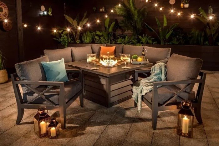 · Hartman Sorrento Square Casual Dining Set With Gas Fire Pit & Lounge Chairs Corner Sofa set