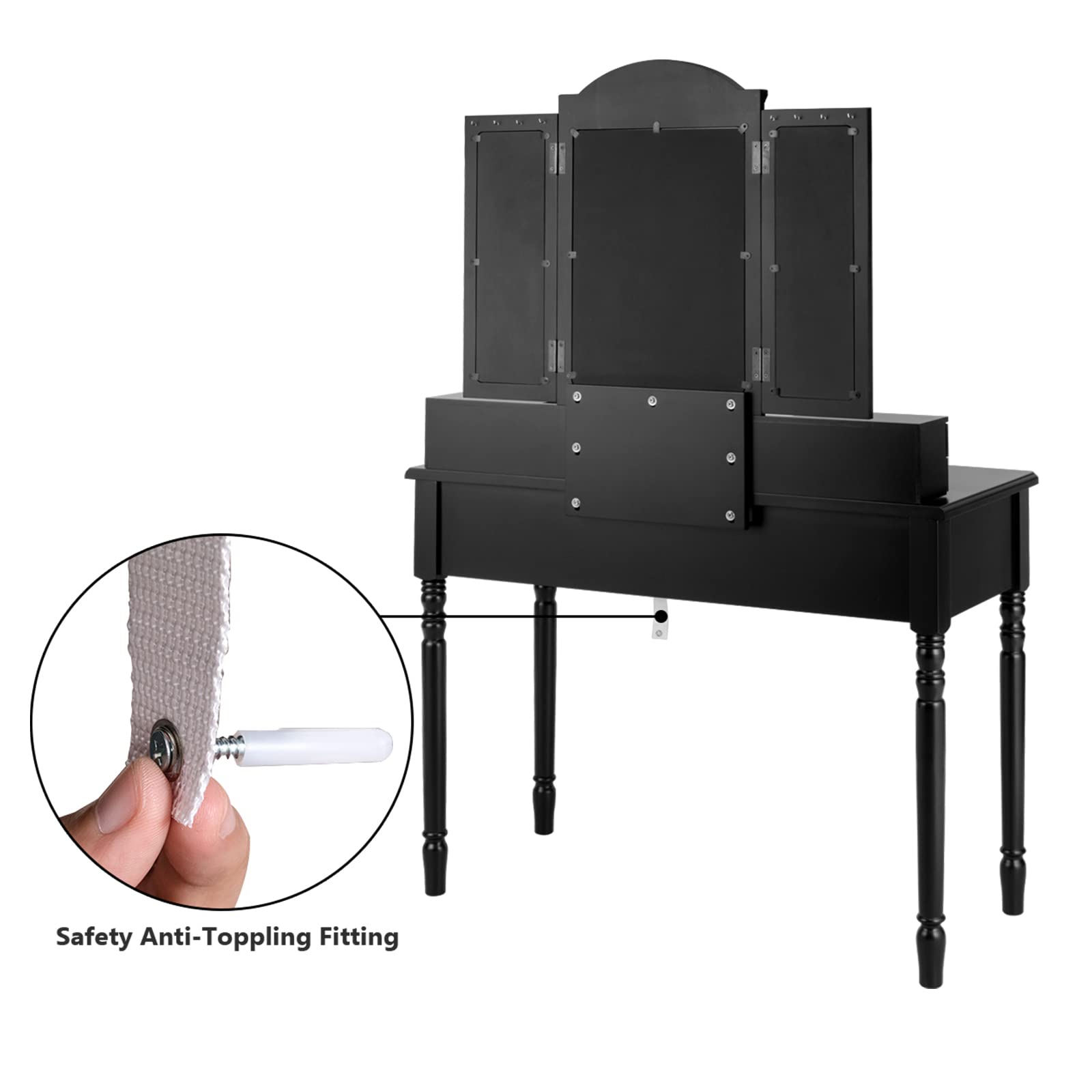 【Furniture】Vanity Desk Set, Dressing Table with Trifold Mirror, 8 Necklace Hooks, 7 Drawers