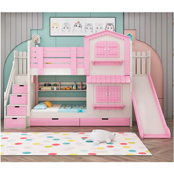 【Furniture】Children's Bunk Bed Mother-Child Bed Girl Bunk Bed with Wardrobe Slide