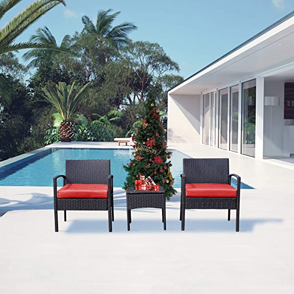 PROHIKER 3 PCS Patio Rattan Conversation Chair Set, 3 PCS Patio Wicker Rattan Furniture Set, Patio Wicker Rattan Table Red