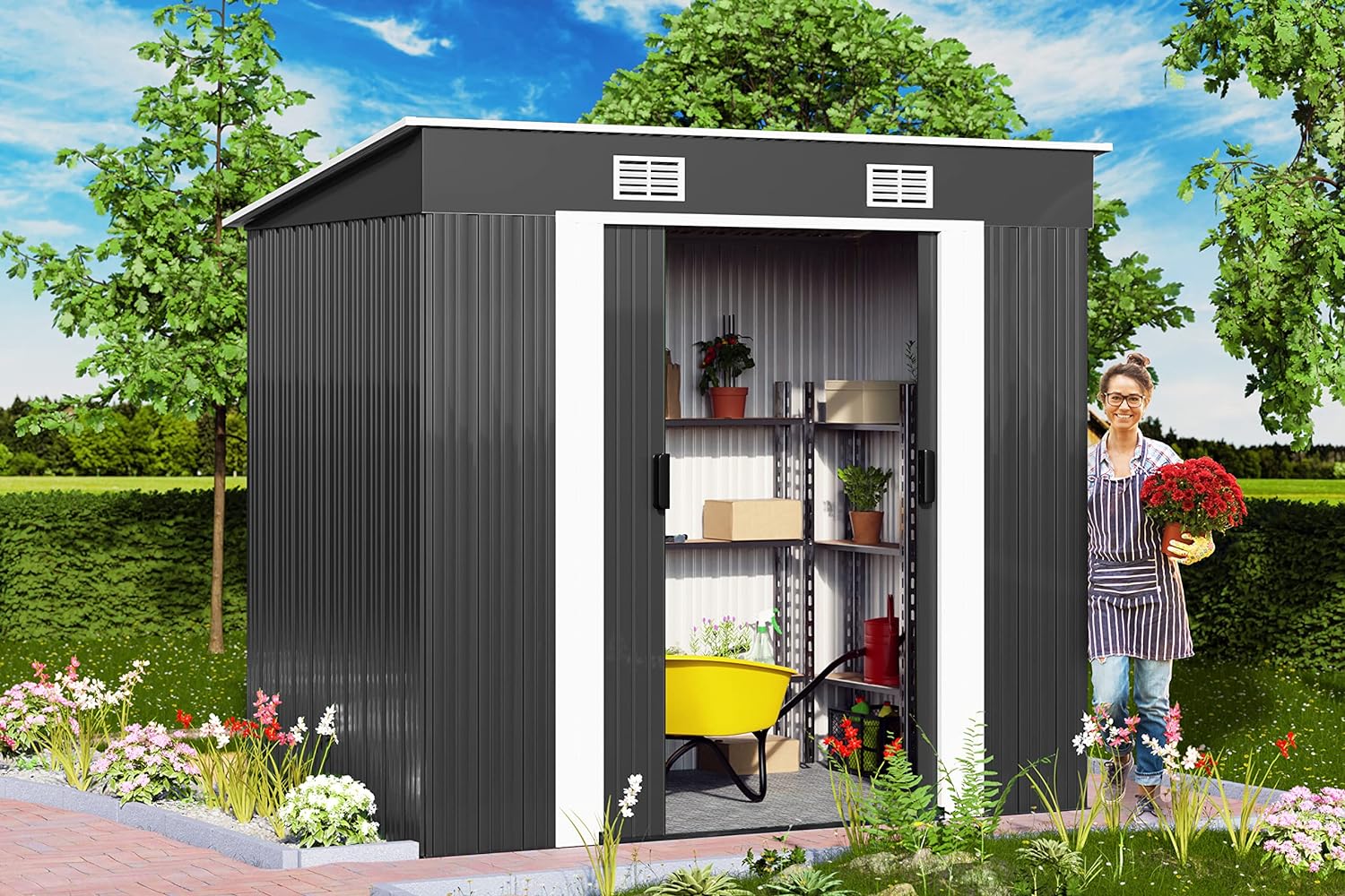 GARDEBRUK® Garden Metal Tool Shed | Anthracite | 6x4 FT | Outdoor Tool Storage Garden House | Sloped Pent Roof | Sliding Door | Container Gardening Equipment | Weather-Resistant