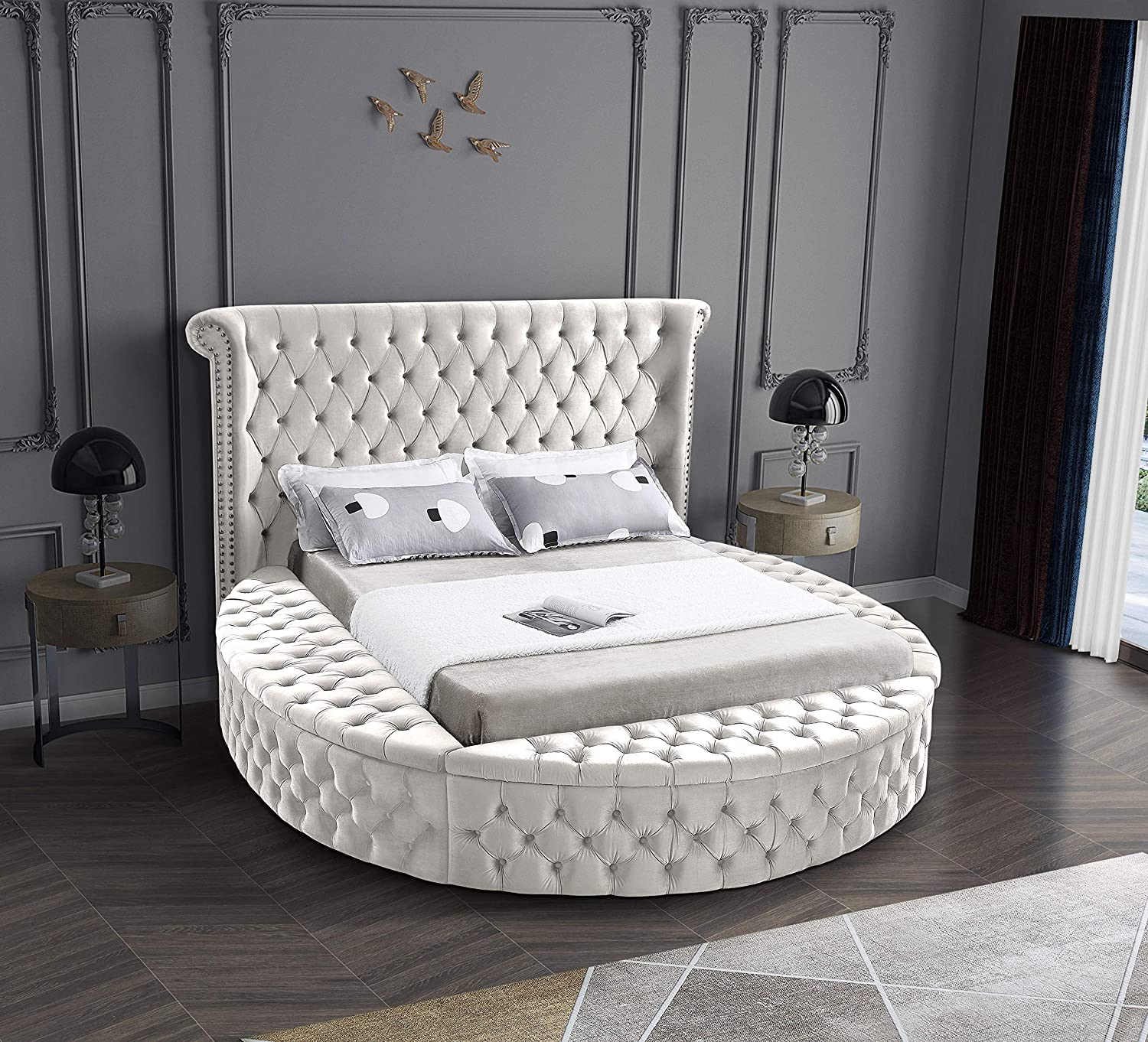 【Furniture】Contemporary Round Shaped Velvet Upholstered Bed with Deep Button Tufting & Footboard Storage, King
