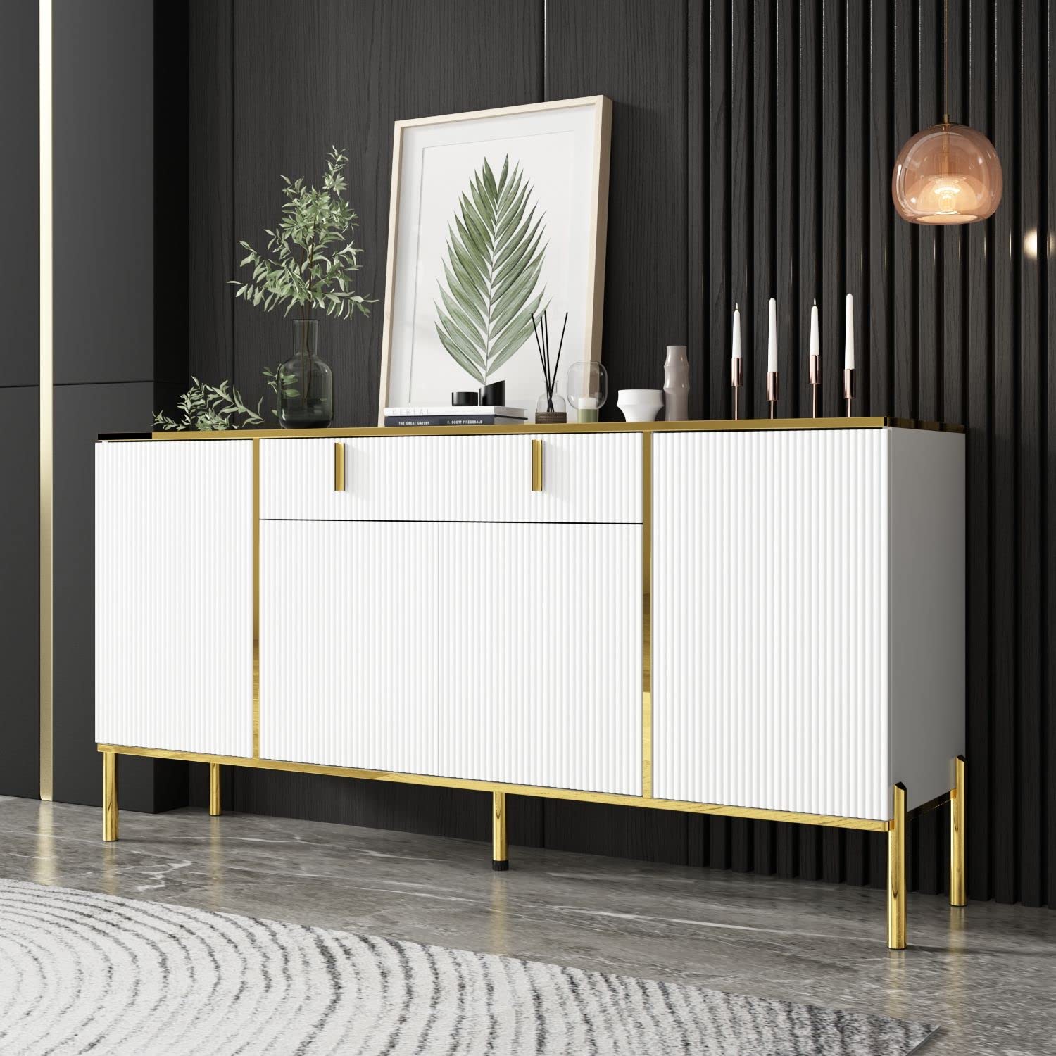 【Furniture】Modern Credenza Sideboard Buffet with Drawer & Pop-Up Doors, Buffet Sideboard Storage Cabinet