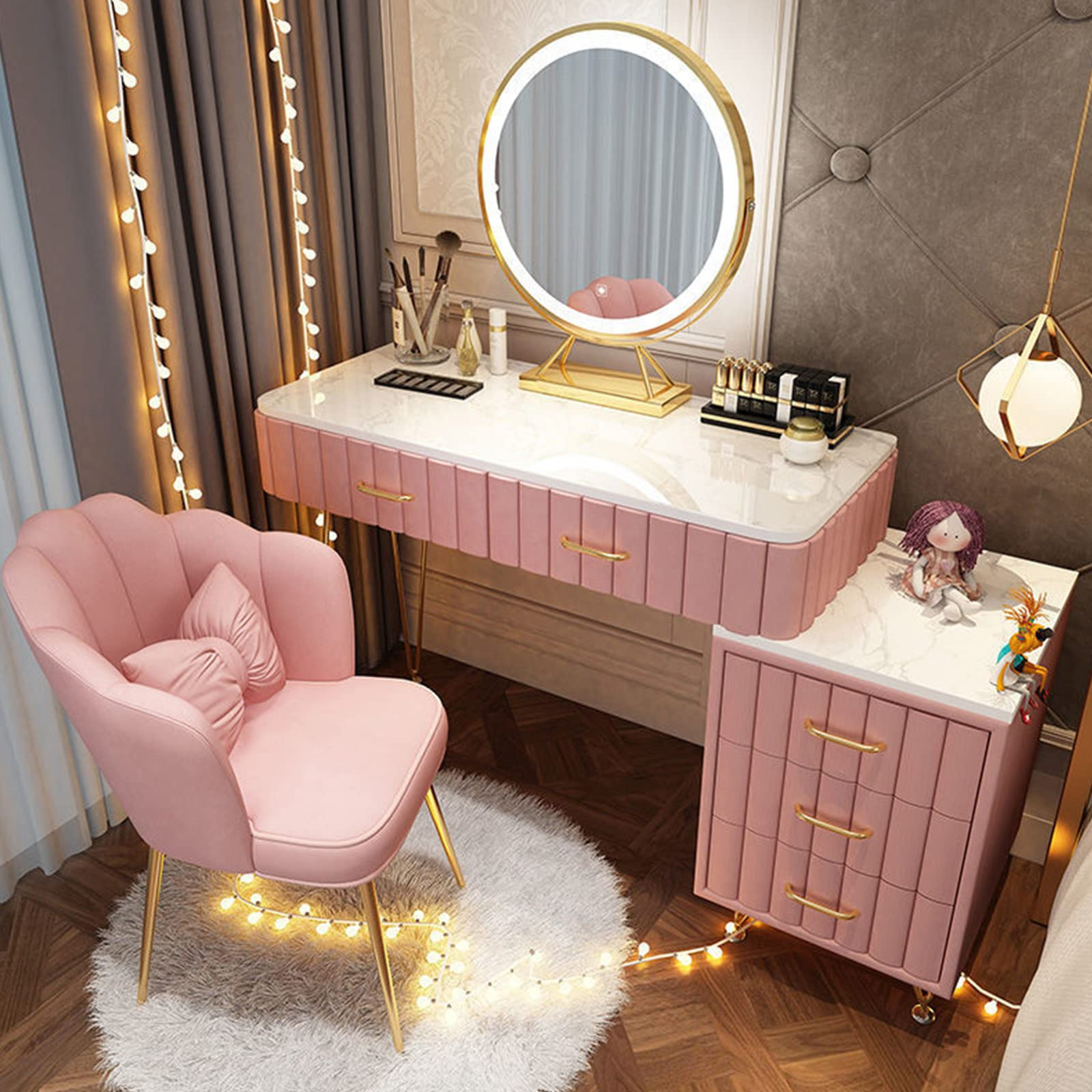 【Furniture】Marble Dresser Set with Illuminated LED Touch Screen Dimmable Round Mirror Makeup Cabinet