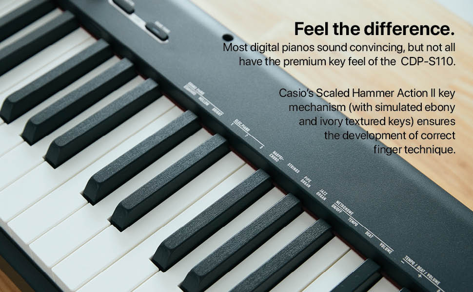 The CDP-S110BK has 88 weighted, touch-sensitive keys