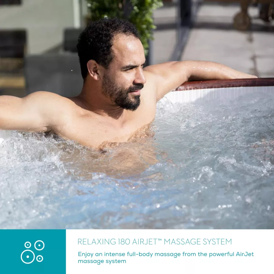 HELSINKI HOT TUB, 180 AIRJET WOOD EFFECT INFLATABLE SPA WITH FREEZE SHIELD YEAR ROUND TECHNOLOGY AND RAPID HEATING, 5-7 PERSON