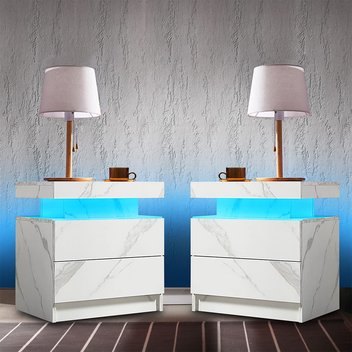 【Furniture】Nightstand Set of 2 LED Nightstand with 2 Drawers, Bedside Table with Drawers for Bedroom Furniture