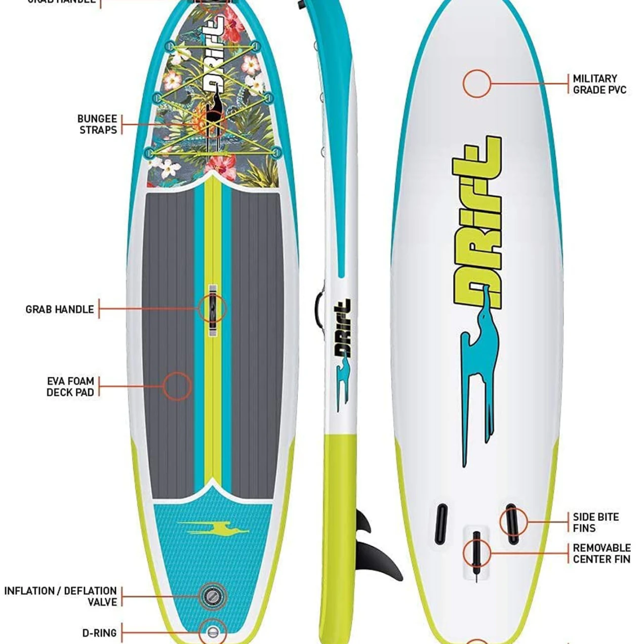 DRIFT Inflatable Stand Up Paddle Board, SUP with Paddle, Backpack Travel Bag, Pump, Fin, & Coiled Leash