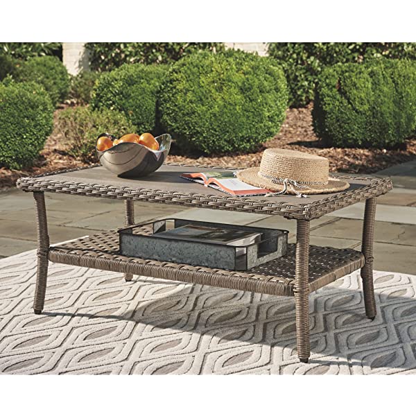 Signature Design by Ashley Clear Ridge Outdoor Wicker Coffee Table with Rust Free Aluminum Base, Light Brown